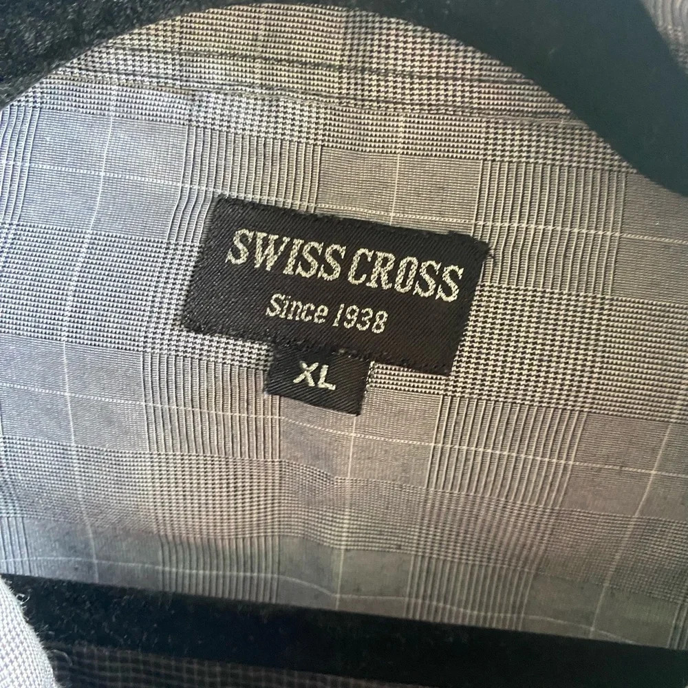 Swiss Cross Men Button Up Short Sleeve Shirt Gray W/White Checked Pattern XL - Picture 4 of 7